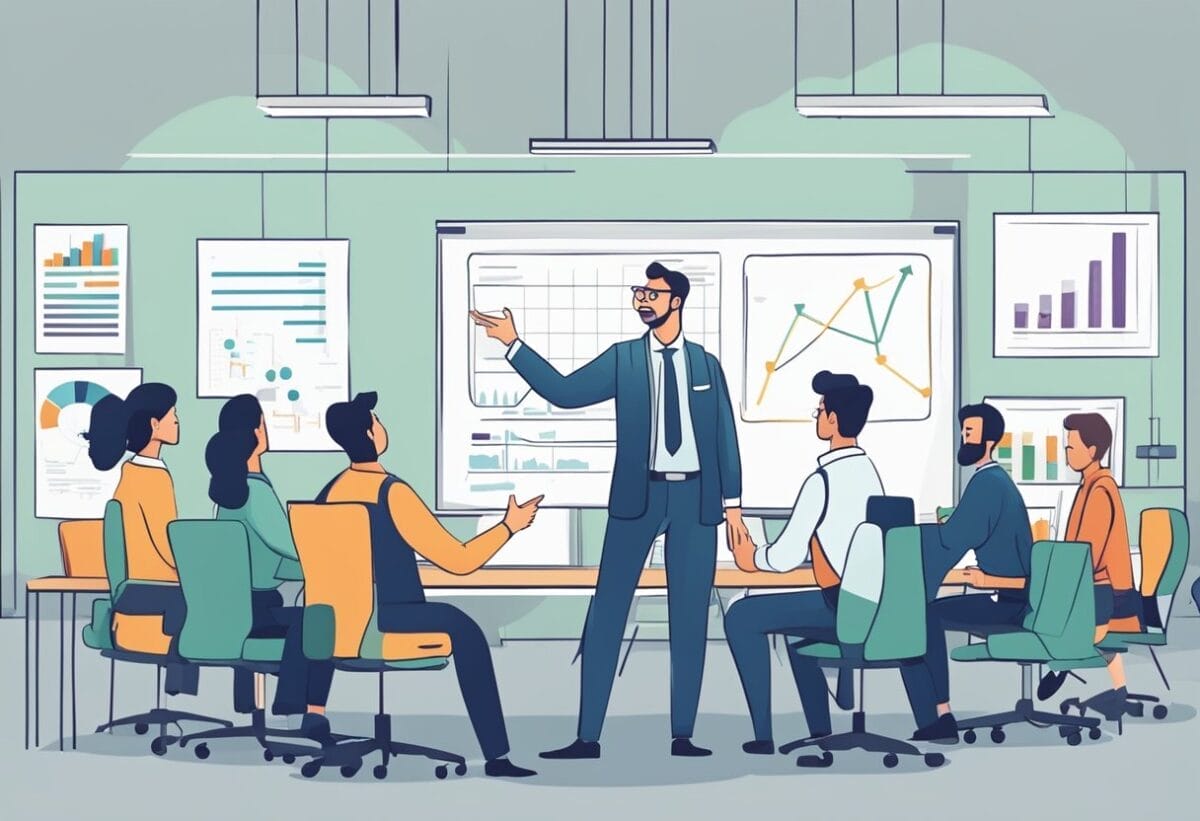 A manager pointing to a whiteboard with graphs and charts, gesturing to a team of workers in a busy office setting