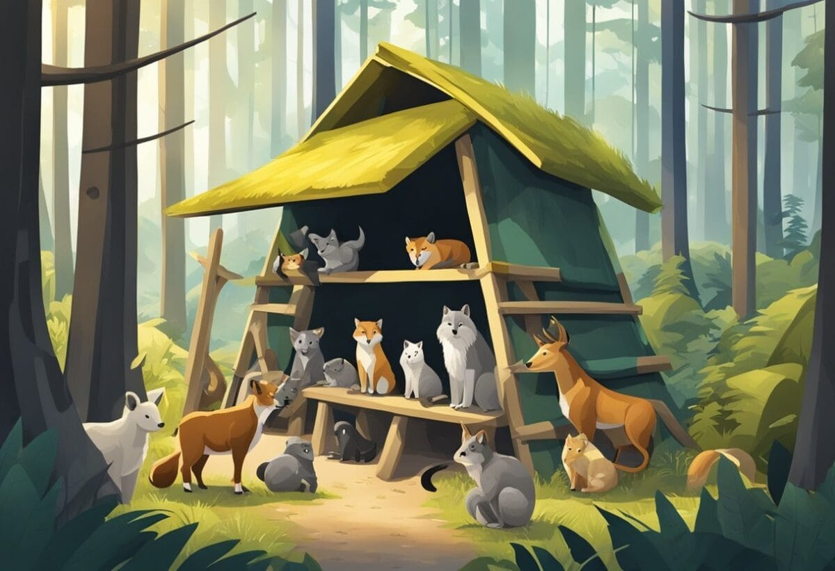 A group of animals working together to build a shelter in the forest