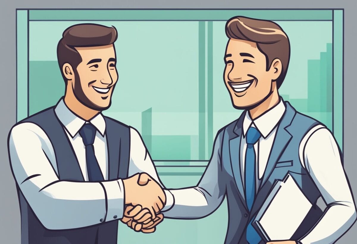 A professional in a suit receiving a positive performance review from their manager, with a smile and handshake