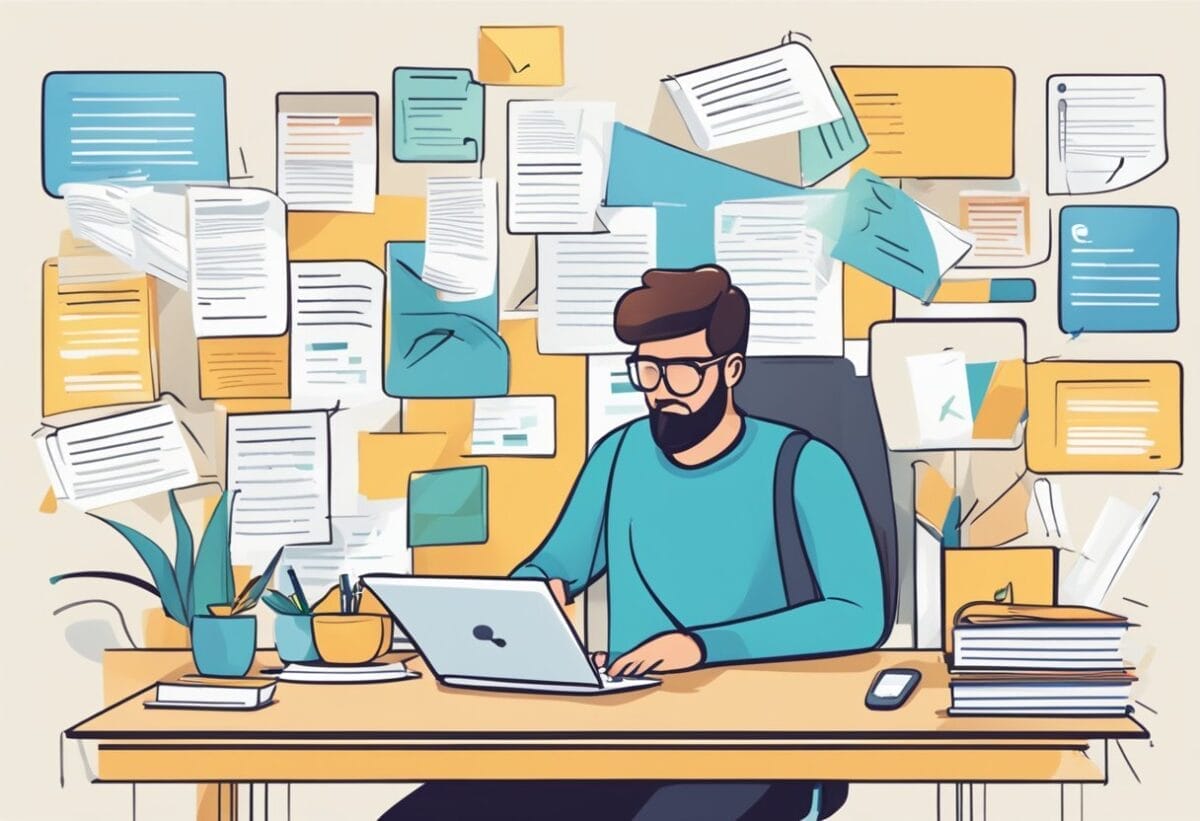 A person researching a company, surrounded by open tabs, notes, and a company profile on the screen