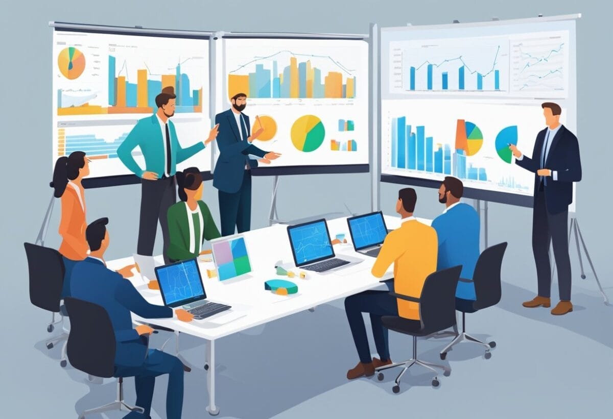 A group of people in business attire gathered around a large table, discussing and analyzing various charts and graphs projected on a screen