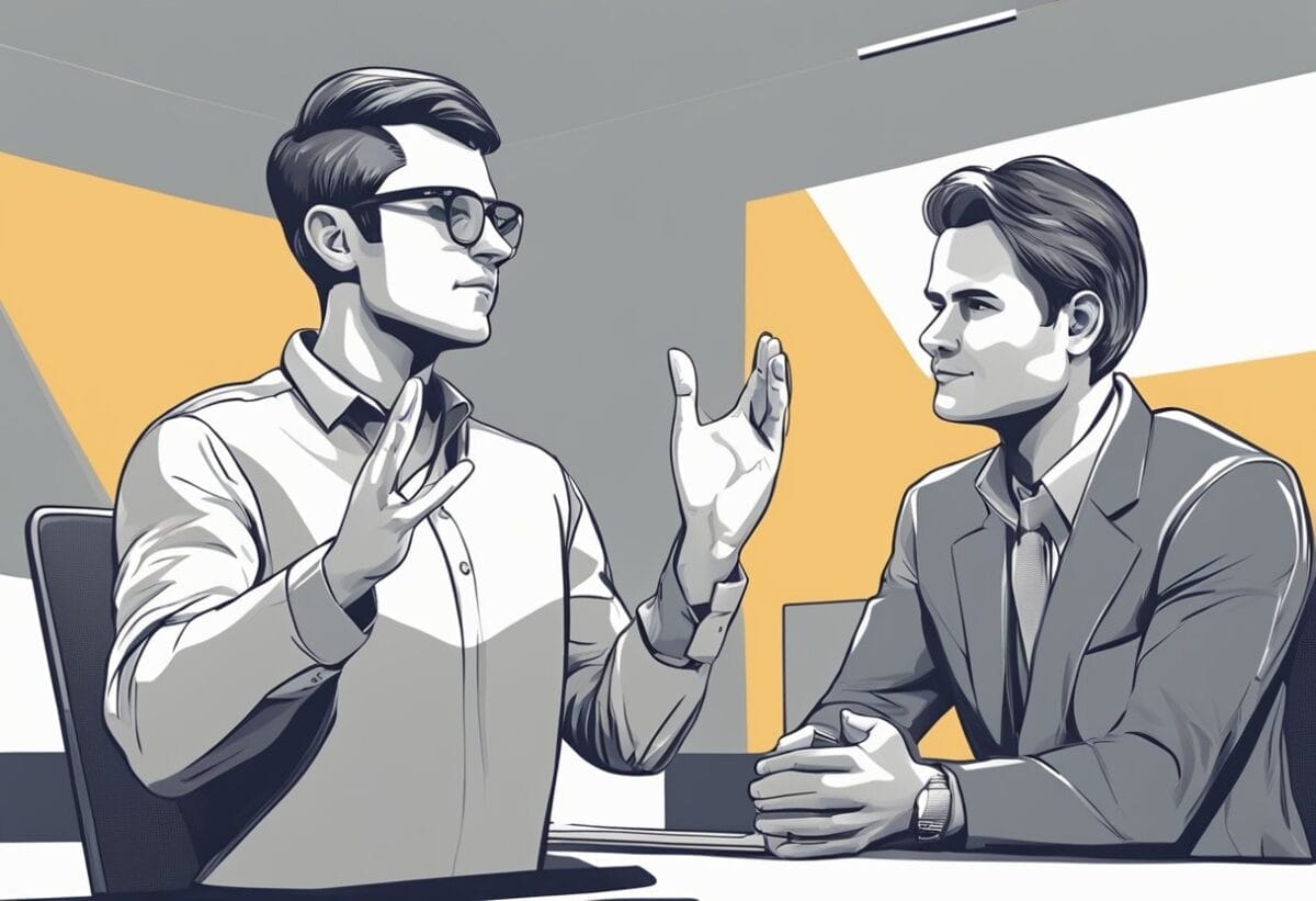 How to Answer “How do you handle constructive criticism?” and Feedbacks (Tips and Examples) 2 A person receiving feedback with a neutral expression, while the speaker gestures with open palms and a thoughtful expression