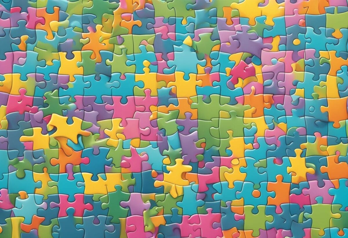 A completed jigsaw puzzle with the final image clearly visible, surrounded by scattered puzzle pieces