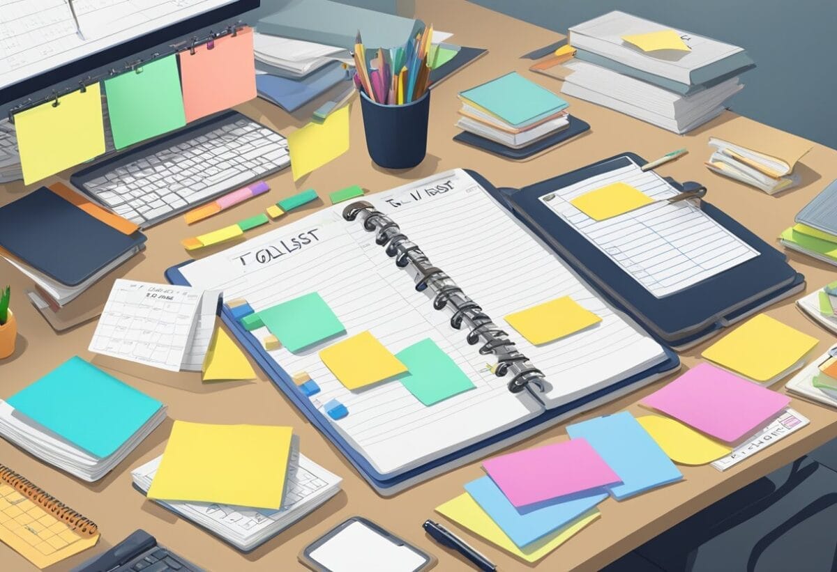 A cluttered desk with labeled folders, a neatly arranged calendar, a digital to-do list, and color-coded sticky notes on a wall