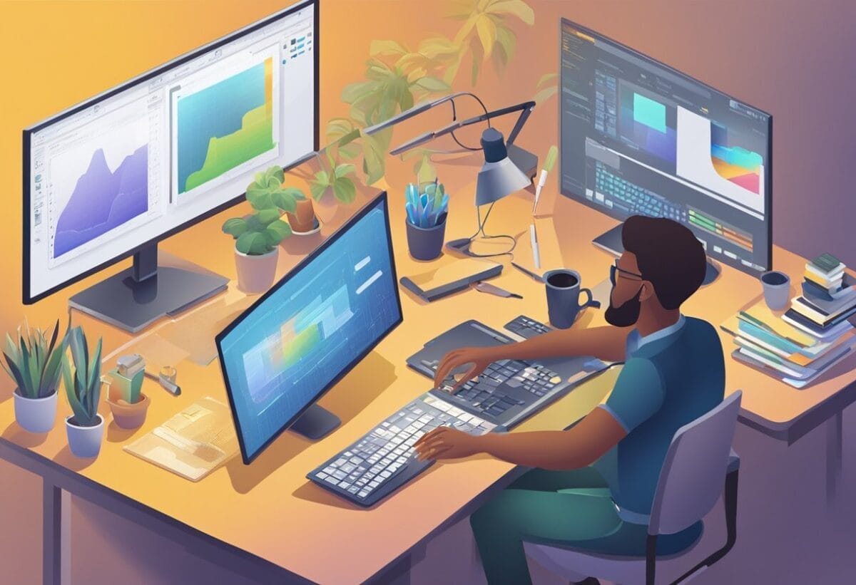 How to Answer “Describe your experience with a specific software, tool, or skill.” Job Interview Question (Tips and Examples) 2 A person sitting at a desk, using a computer with various software and tools open on the screen. The person is focused and engaged in their work