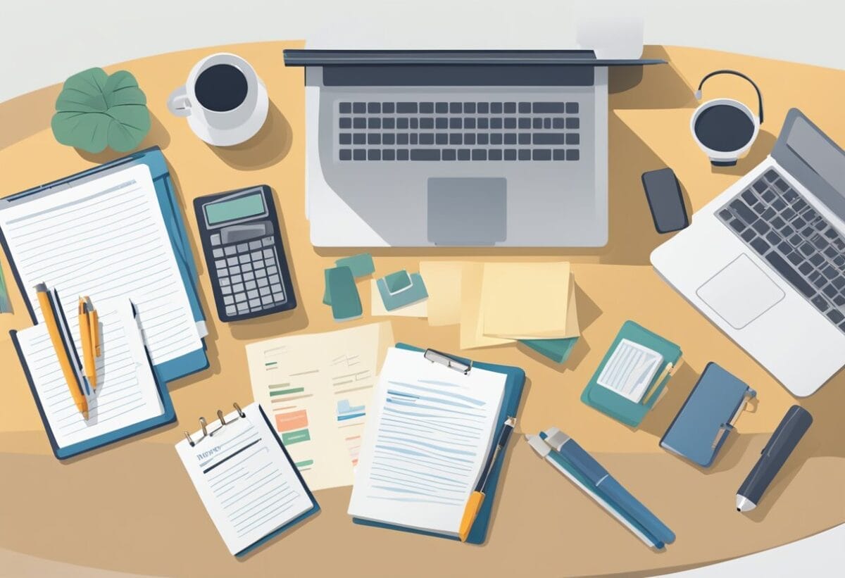 A desk with a laptop, notepad, and pen. A list of 100 interview questions printed out. A person preparing for an interview