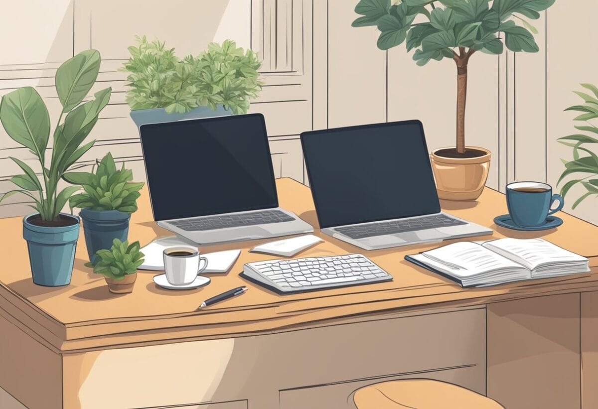 A desk with a laptop, notebook, and pen. Interview questions list on the screen. Coffee cup and potted plant on the side