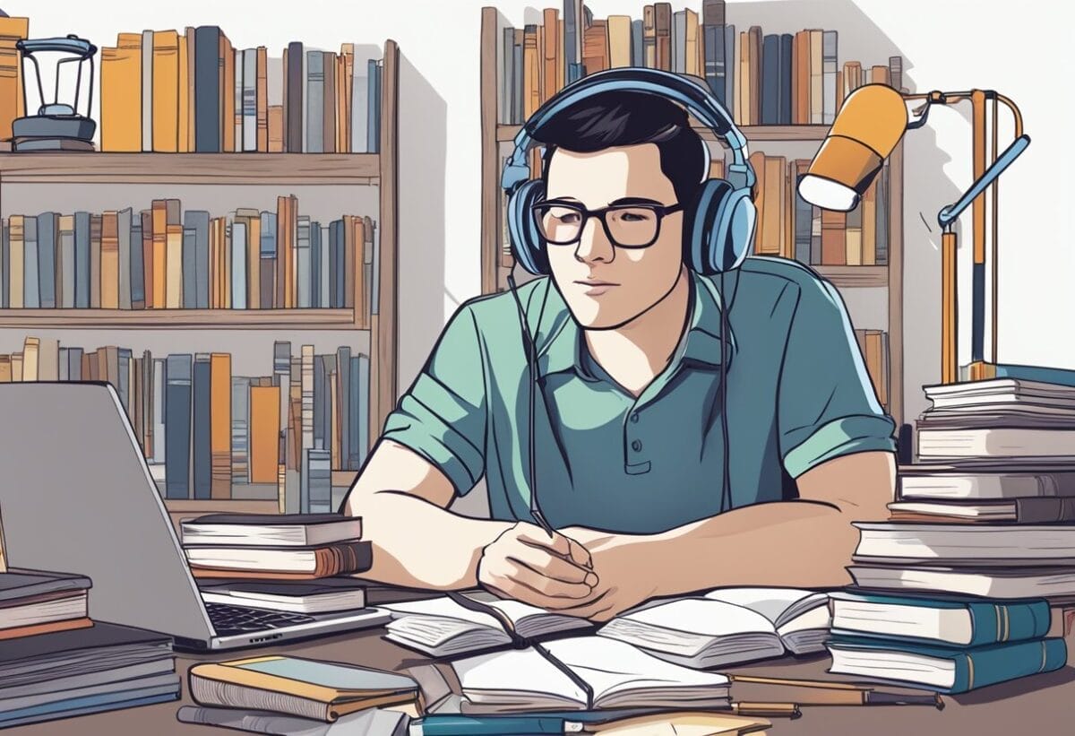 A person surrounded by books, a laptop, and a notepad, with headphones on, listening to a podcast while taking notes