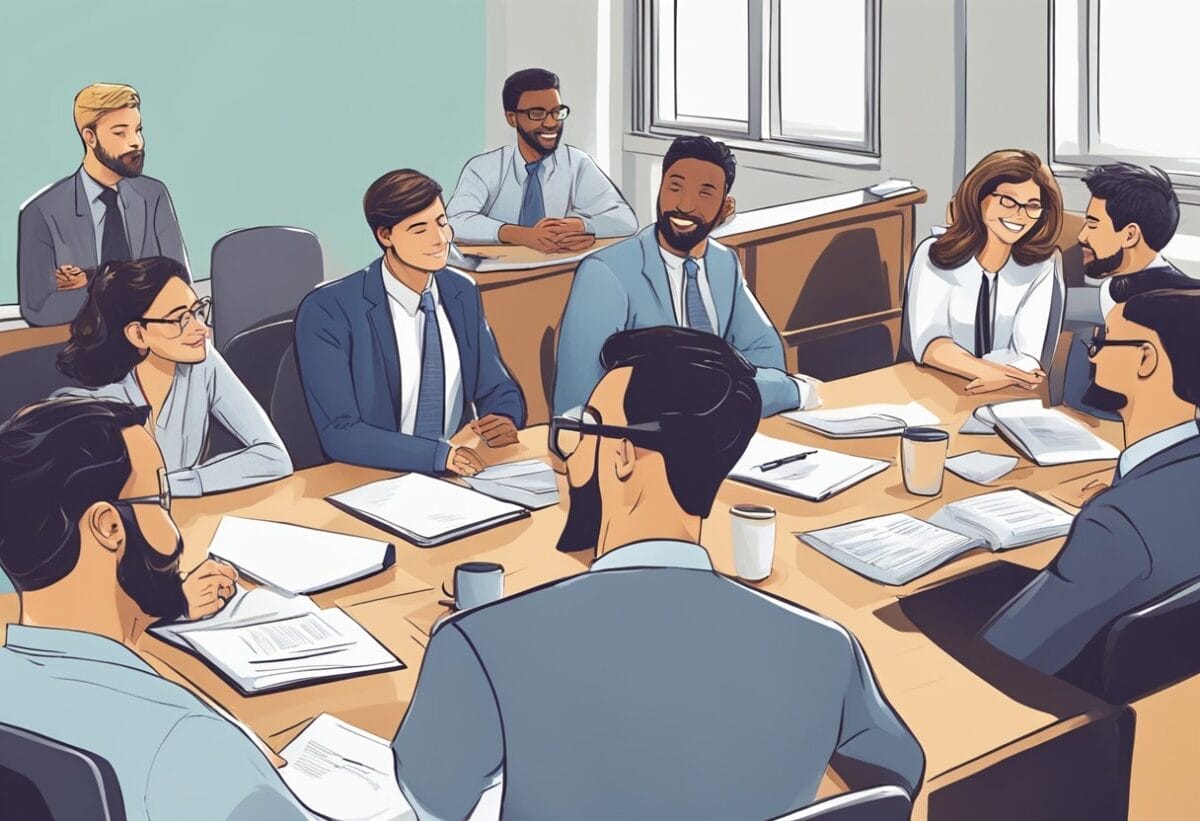 A group of colleagues gathered around a conference table, smiling and nodding as one person speaks. Others listen attentively, some taking notes