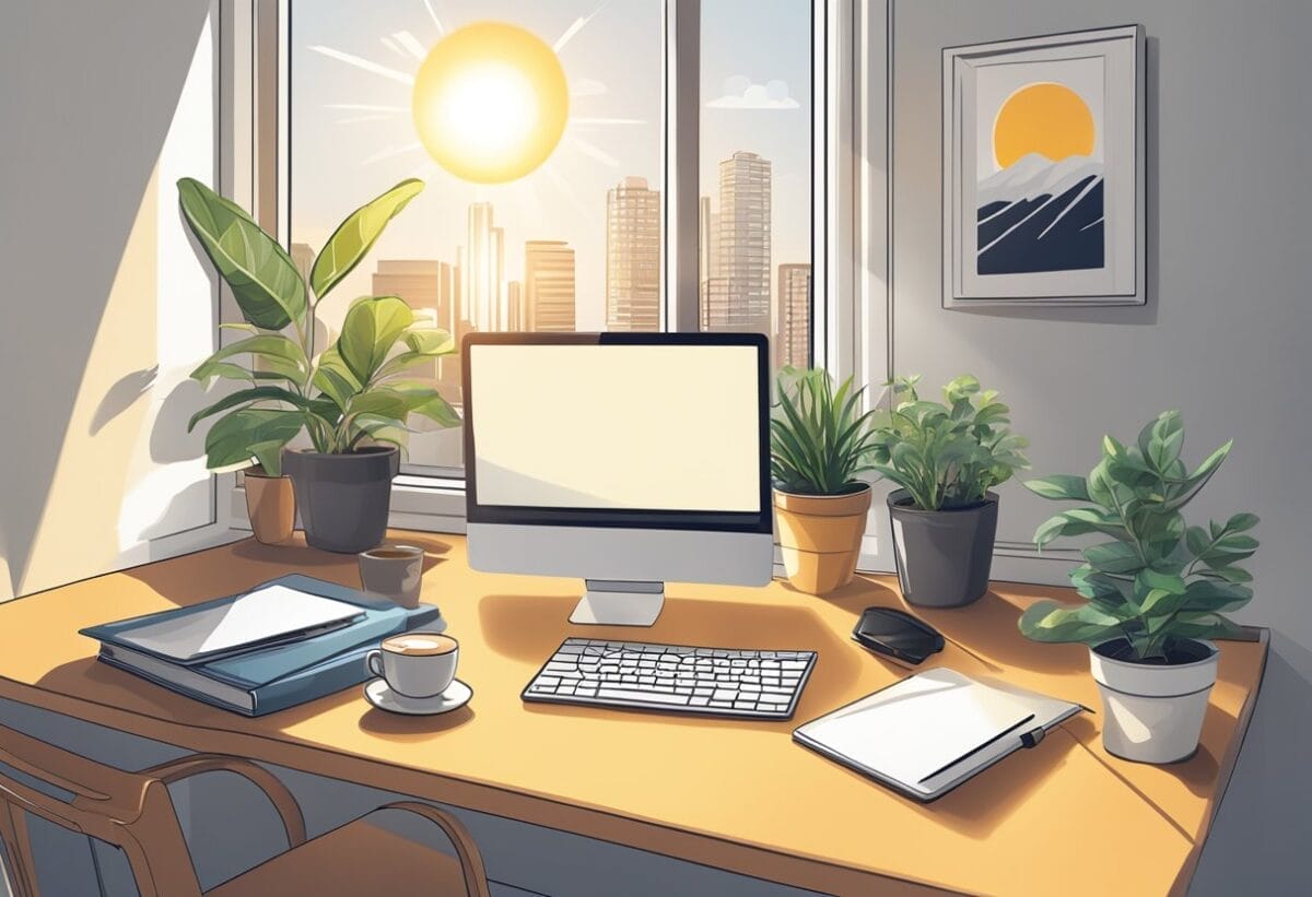 An office desk with a laptop, coffee mug, and potted plant. The sun shines through a window onto the organized workspace