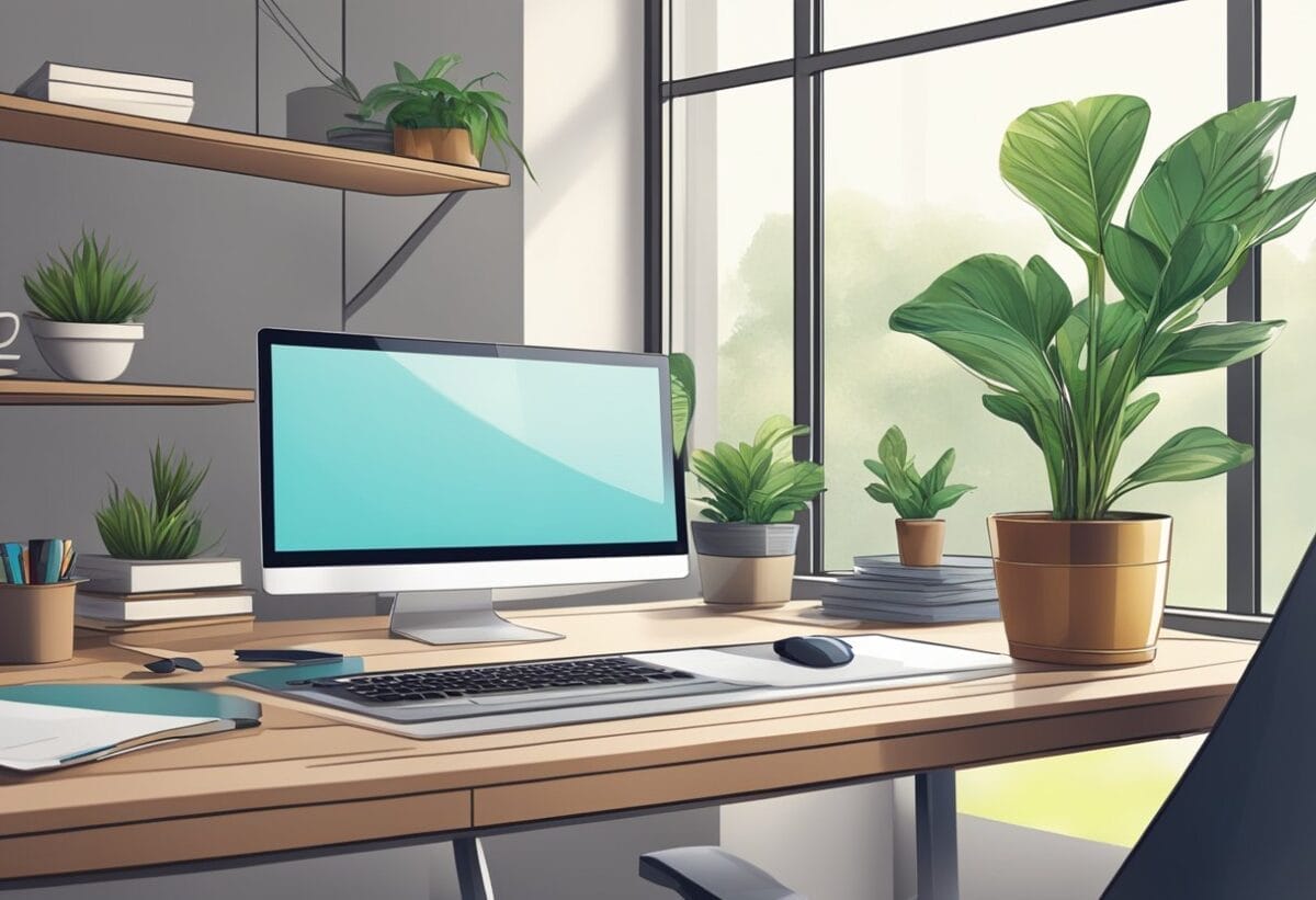 An open office desk with a computer, a plant, and a mug of coffee, with a bright window in the background