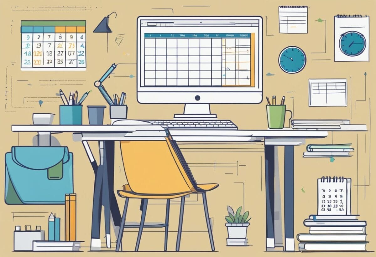 A desk with a calendar, notebook, and laptop. The calendar shows 30/60/90-day marks. The notebook contains plans and goals. The laptop displays research and analysis