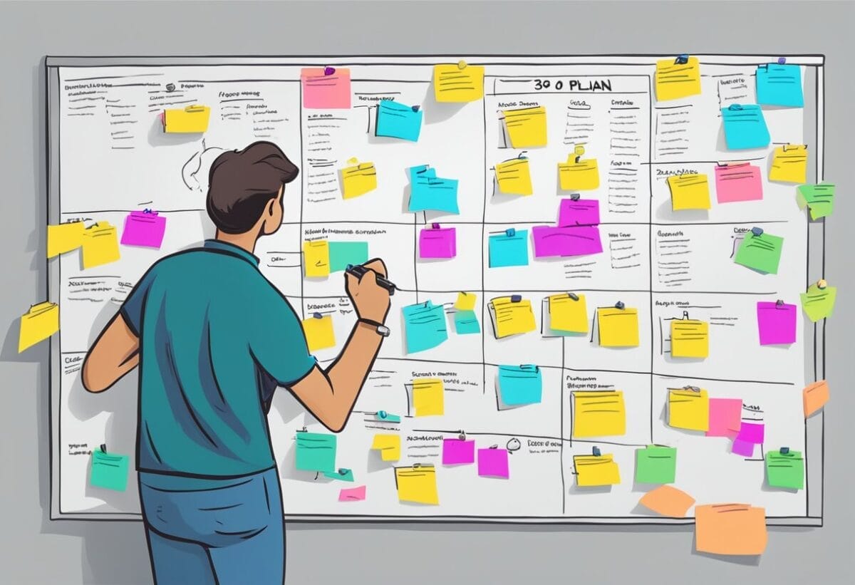 A person mapping out a 30/60/90 day plan on a whiteboard, with colorful markers and sticky notes