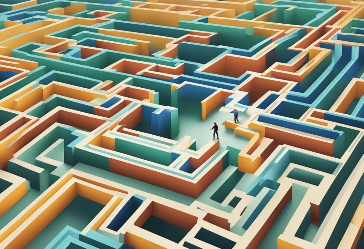 A person calmly navigating a maze with multiple obstacles