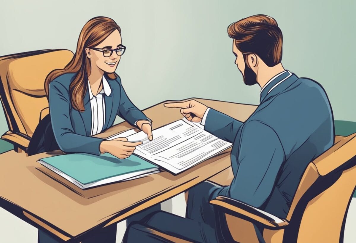 A person sitting across from an interviewer, gesturing and speaking while pointing to their resume on the table