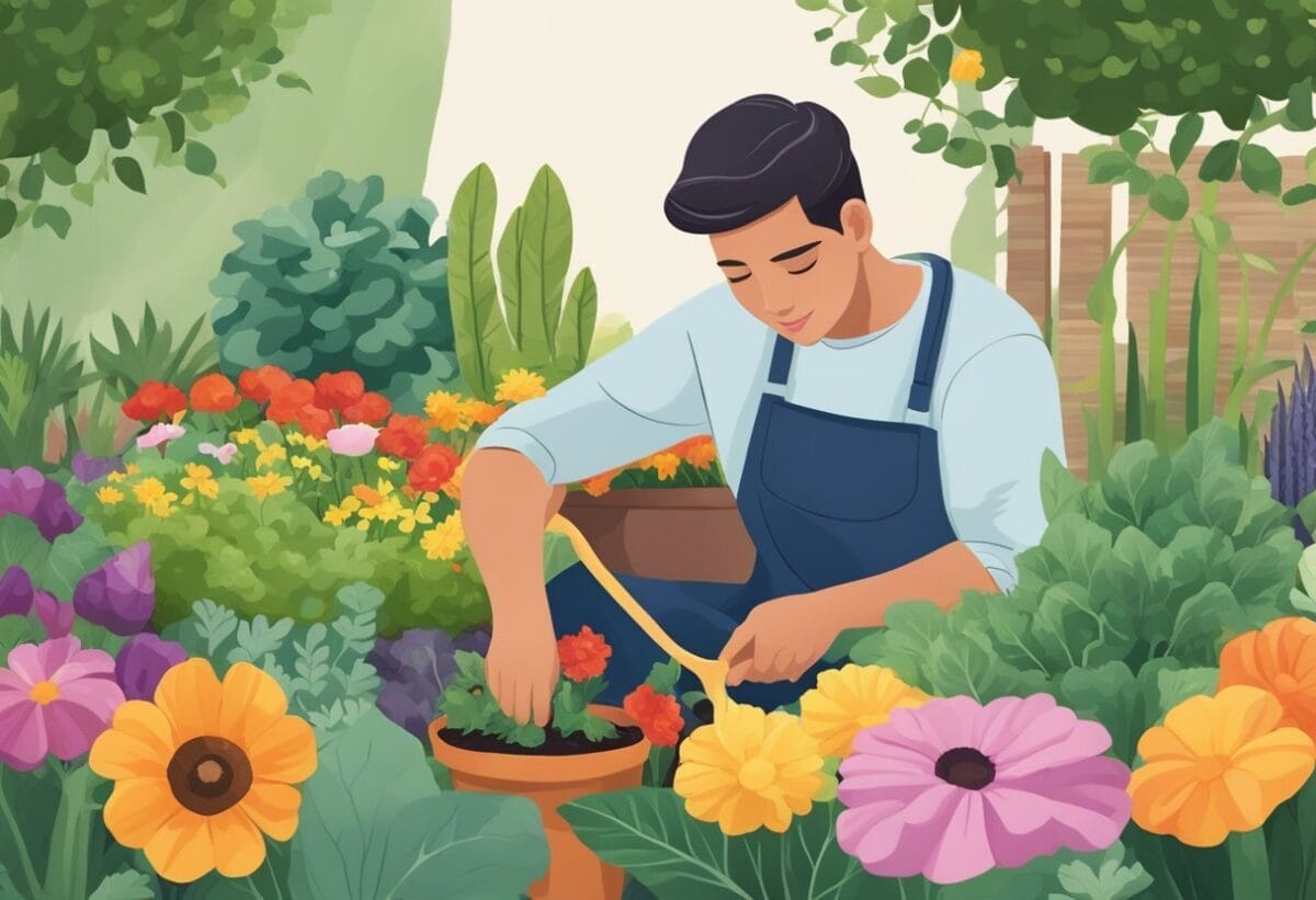 A person gardening in a lush backyard, surrounded by colorful flowers and vegetables, with a peaceful expression on their face