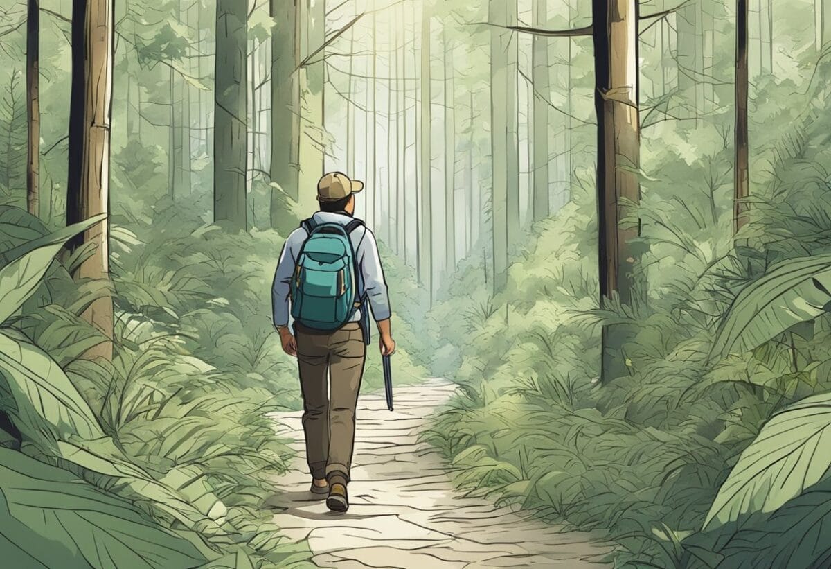 A person navigating through a dense forest with a map and compass