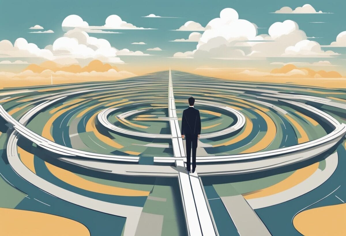 A person standing at a crossroads, with multiple paths leading in different directions. The sky is cloudy, adding a sense of urgency to the decision-making process