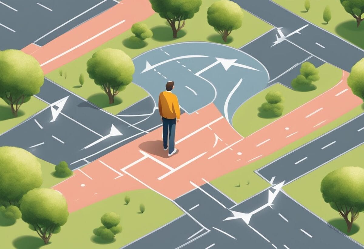 A person standing at a crossroads, with multiple paths leading in different directions, pondering their next move