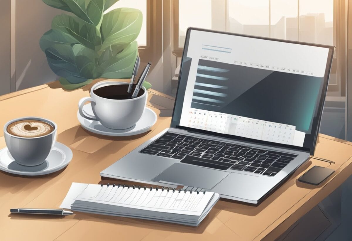 A desk with a laptop, notebook, and pen. A calendar with a marked date. A cup of coffee and a focused atmosphere