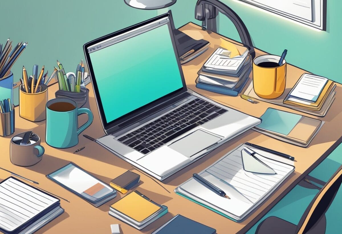 A person sitting at a tidy desk with a notebook, pen, and laptop open, surrounded by organized files and a cup of coffee