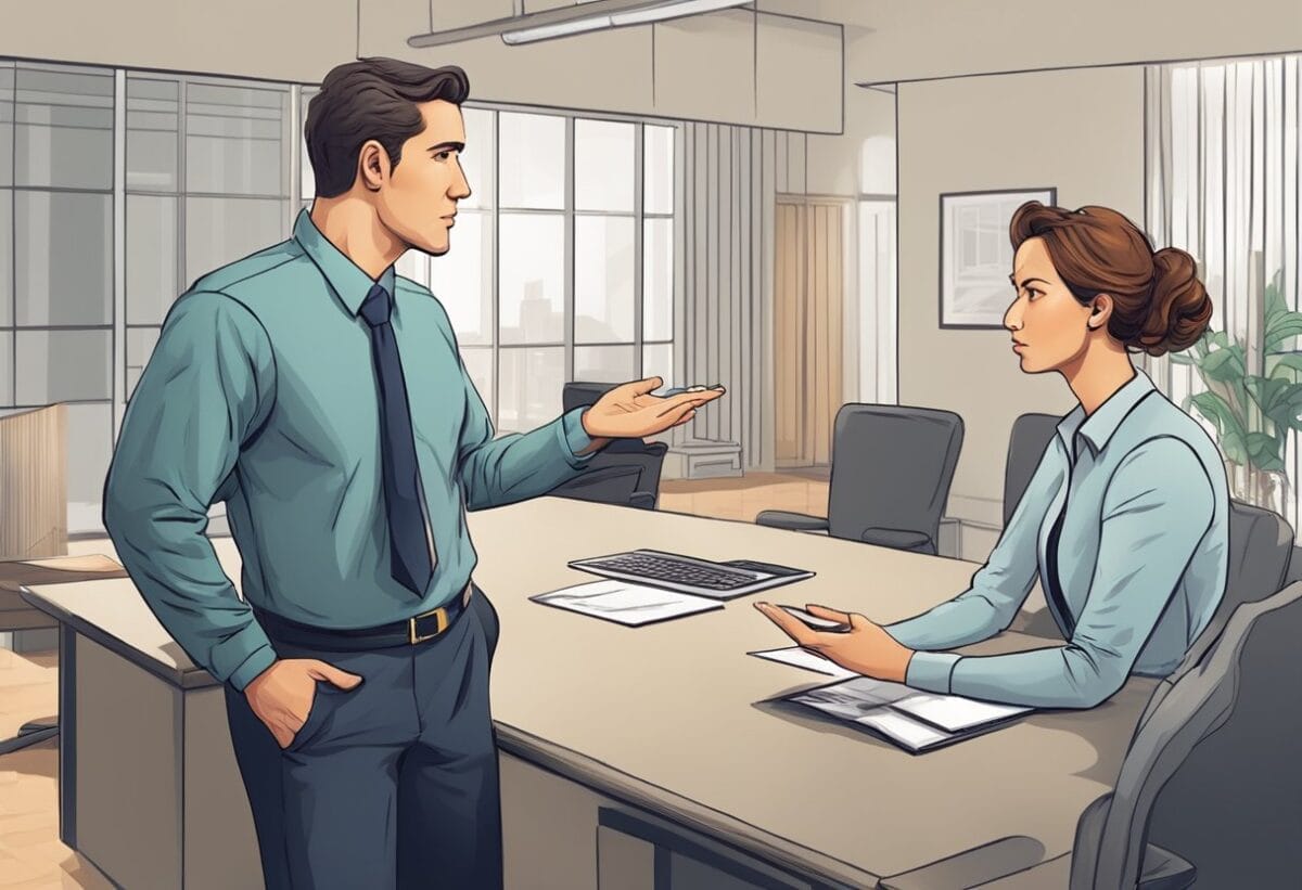 A professional calmly diffuses a tense situation with a client, using open body language and a reassuring tone