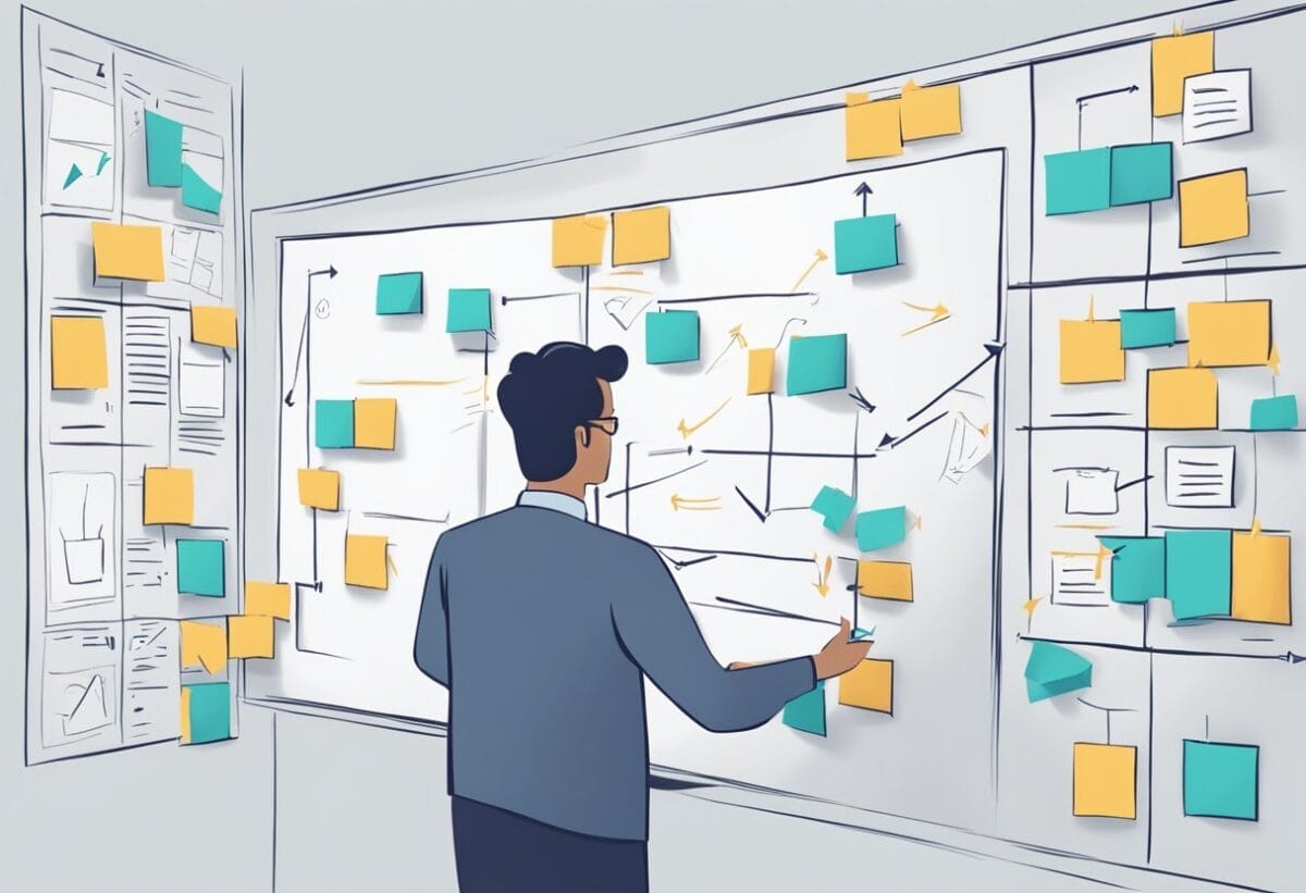 A person standing in front of a whiteboard, drawing a flowchart with arrows and boxes representing a process. They are pointing at one of the boxes with a thoughtful expression