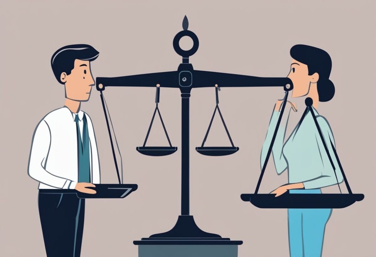 A person weighing two options on a scale, one side representing ethics and the other representing the dilemma. They are contemplating their decision with a thoughtful expression