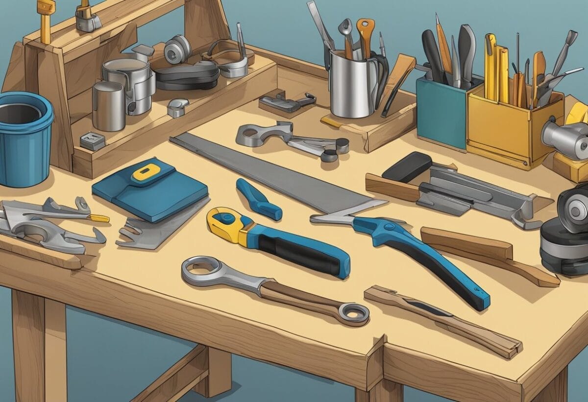 A cluttered workbench with tools, raw materials, and a partially assembled project