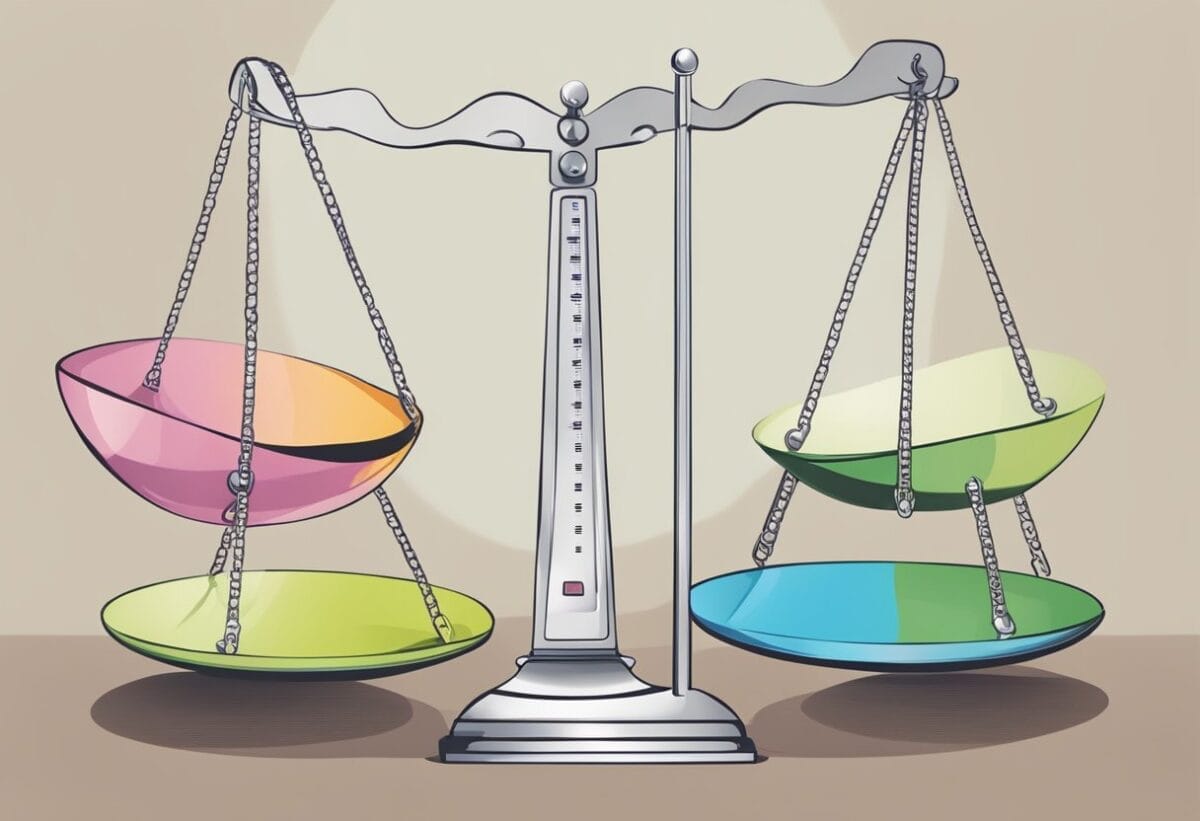 A person weighing options on a scale, with one side representing ethical considerations and the other representing personal gain