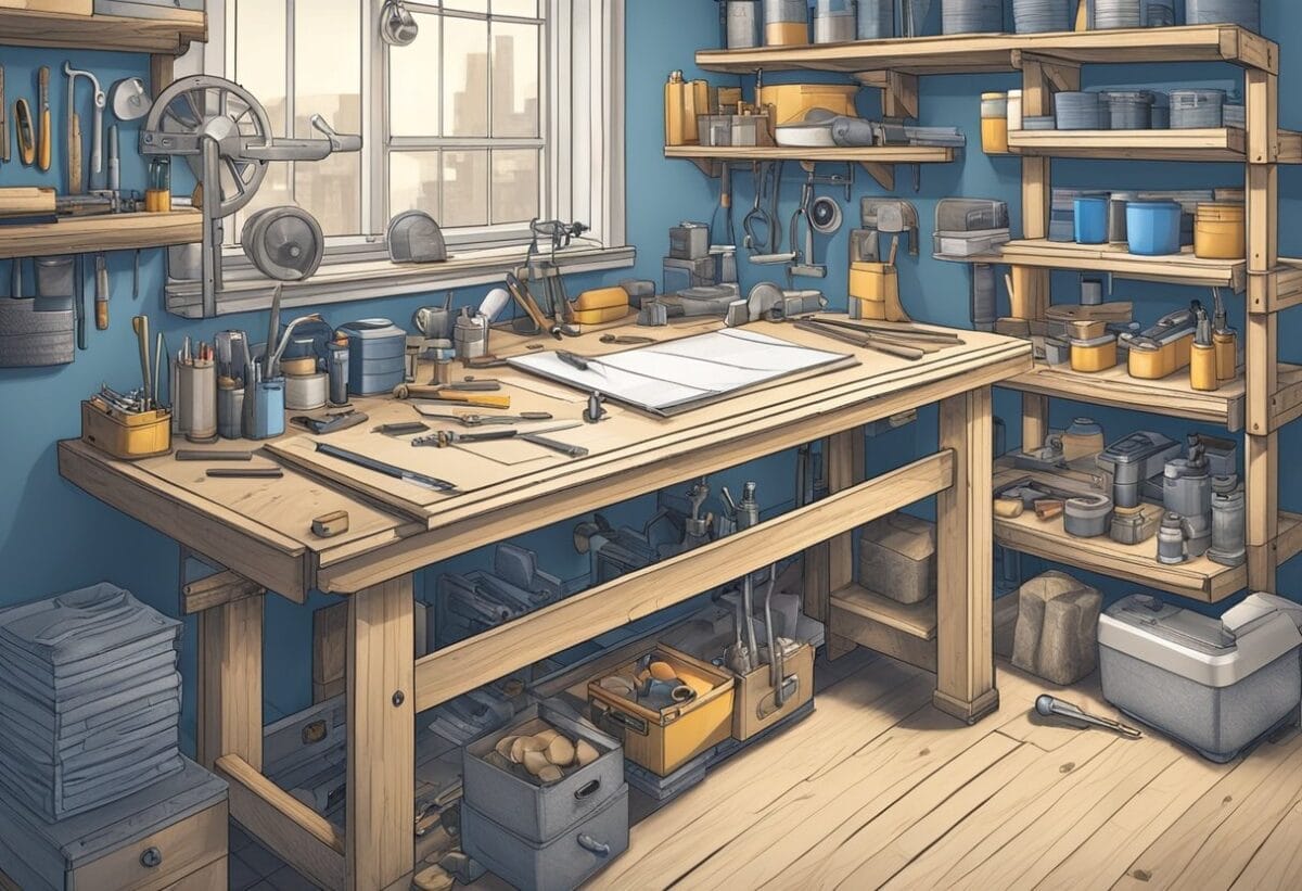 A cluttered workbench with tools, materials, and a partially assembled project. A blueprint or plan is visible nearby